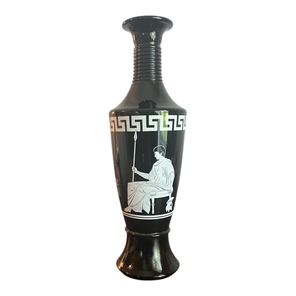 Jim Beam 1958 Black Roman Decanter 12" Tall With Greek Key Design & White Figure